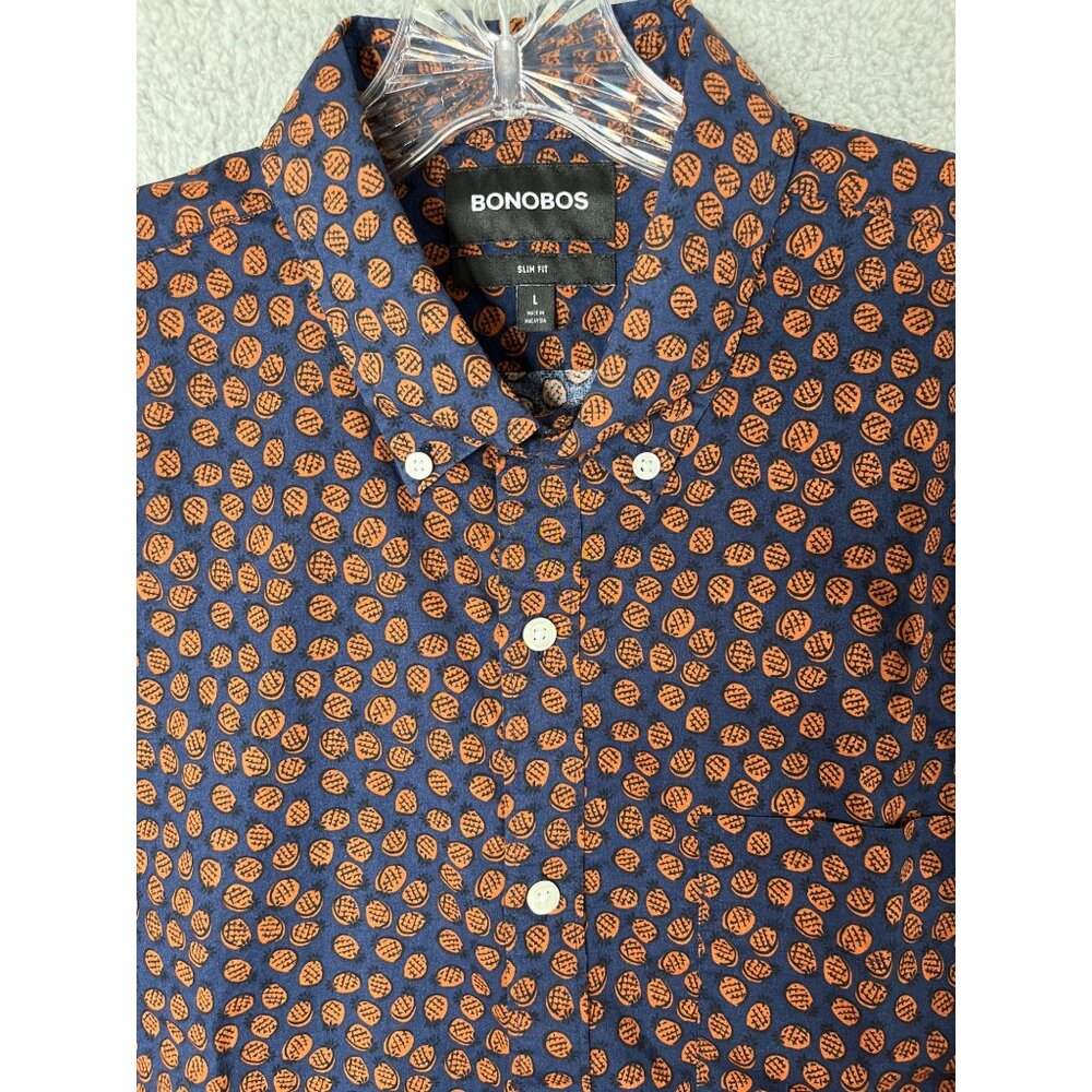 Bonobos Slim Fit Mens Button-Up Shirt Size L Orange Navy‎ Pineapple Print Preppy